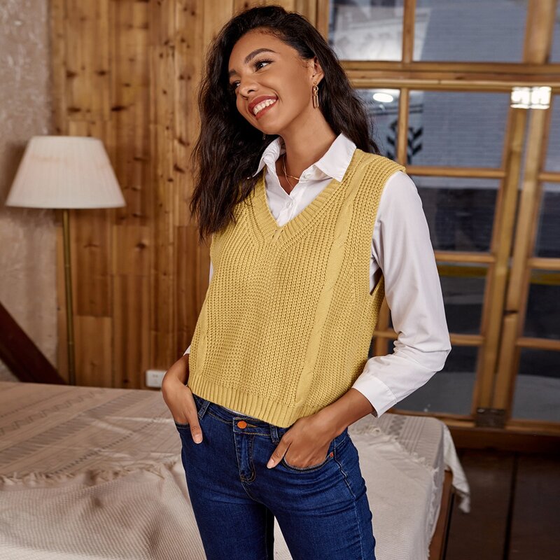 

Cable Knit Solid Sweater Vest Without Blouse, Yellow