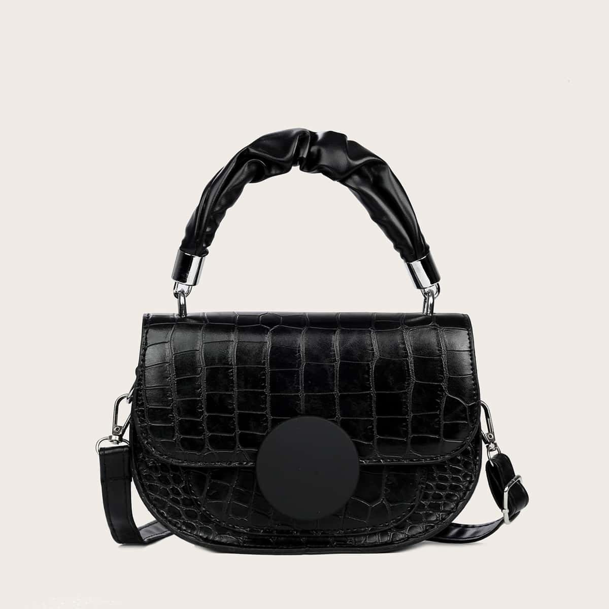 

Croc Embossed Flap Satchel Bag, Black
