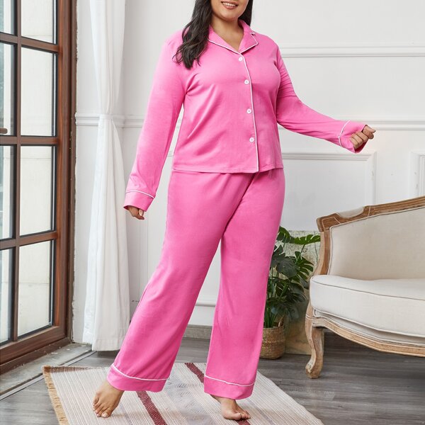 

Plus Lapel Collar Contrast Binding Pajama Set, Pink