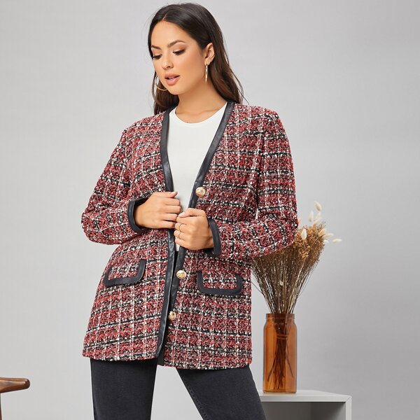 

Contrast PU Leather Trim Tweed Coat, Multicolor