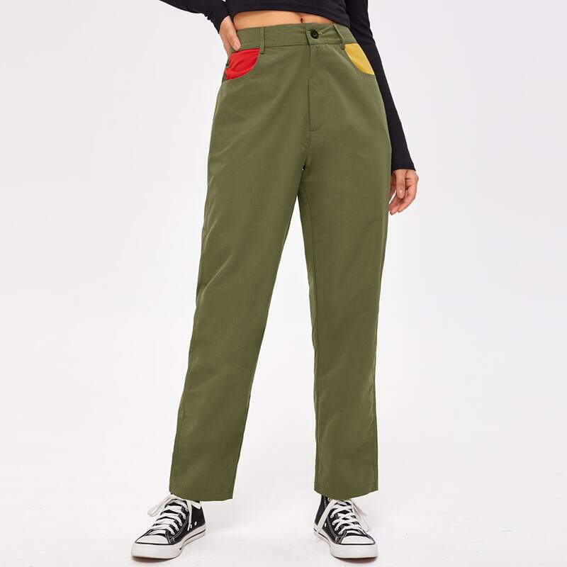 

Colorblock Pocket Button Fly Pants, Army green