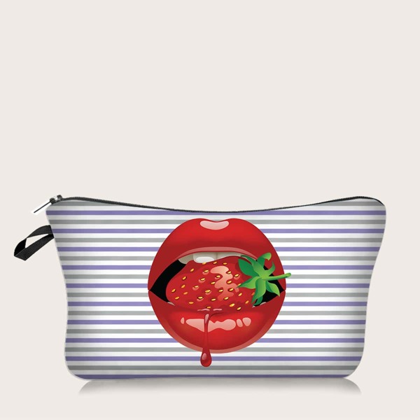 

1pc Lip Print Striped Makeup Bag, Multicolor