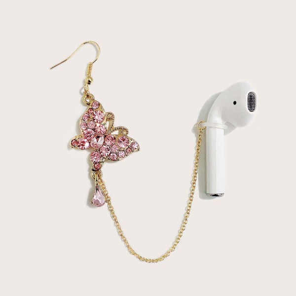 

1pc Rhinestone Butterfly Pendant Bluetooth Headset Anti-lost Earring, Pink
