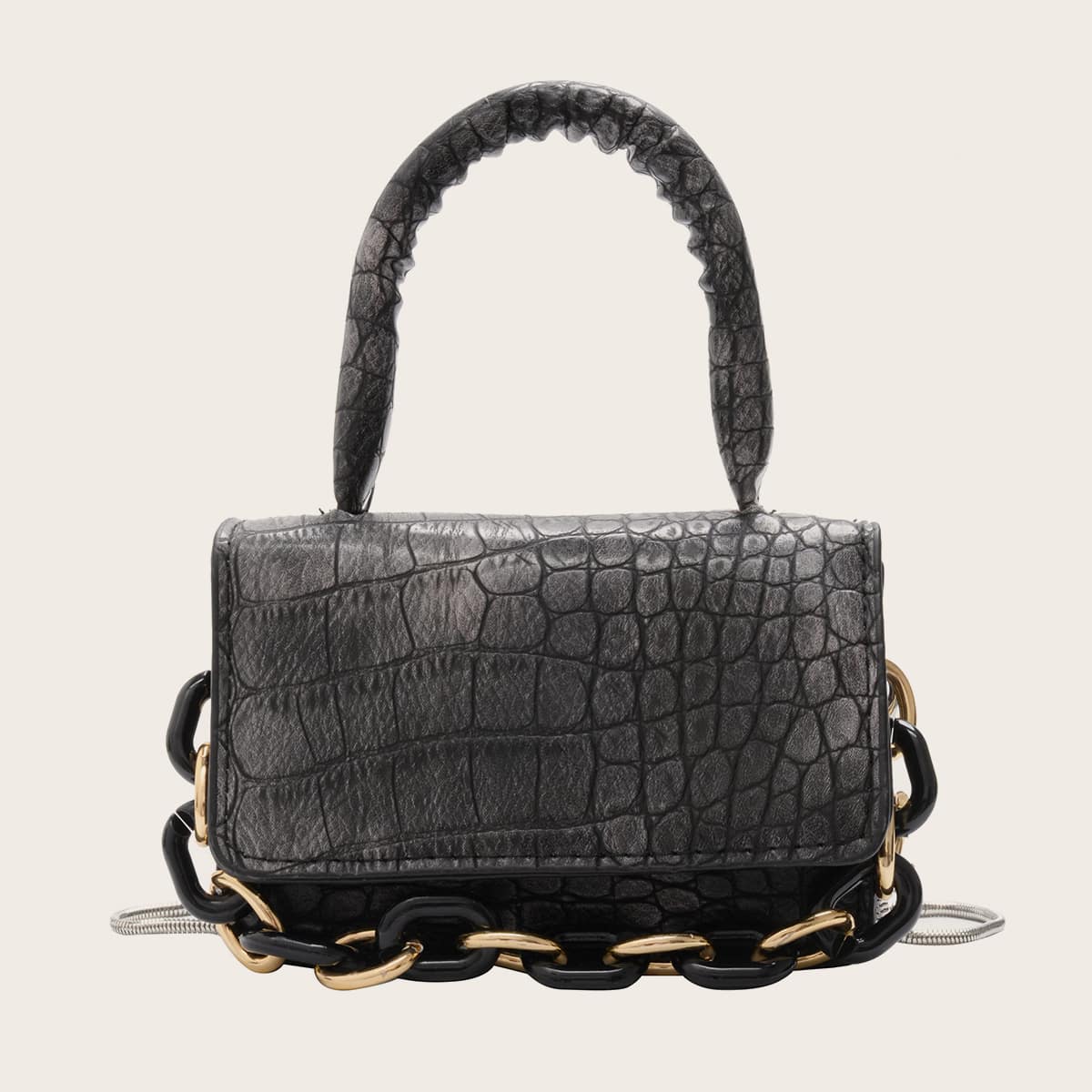 

Mini Croc Embossed Satchel Bag, Dark grey