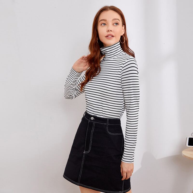 

Turtleneck Striped Tee, Black and white