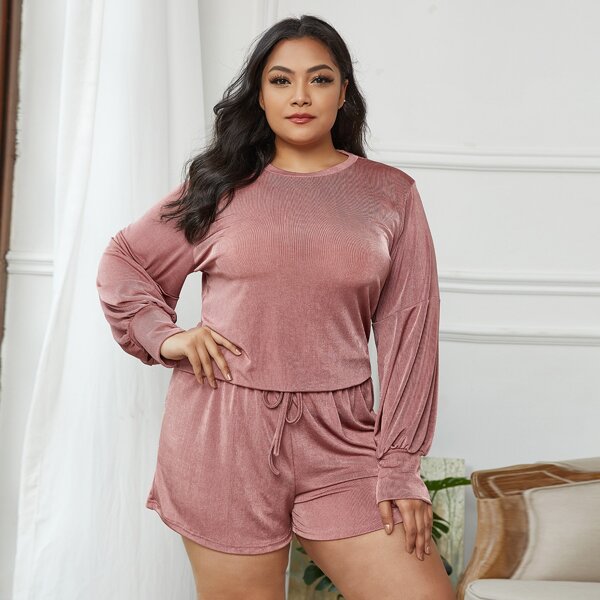 

Plus Drop Shoulder Top & Tie Front Shorts Pajama Set, Dusty pink