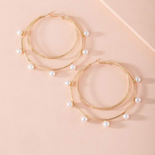 

Faux Pearl Hoop Earrings, Gold