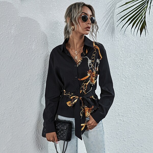 

Chain Print Tie Front Blouse, Black