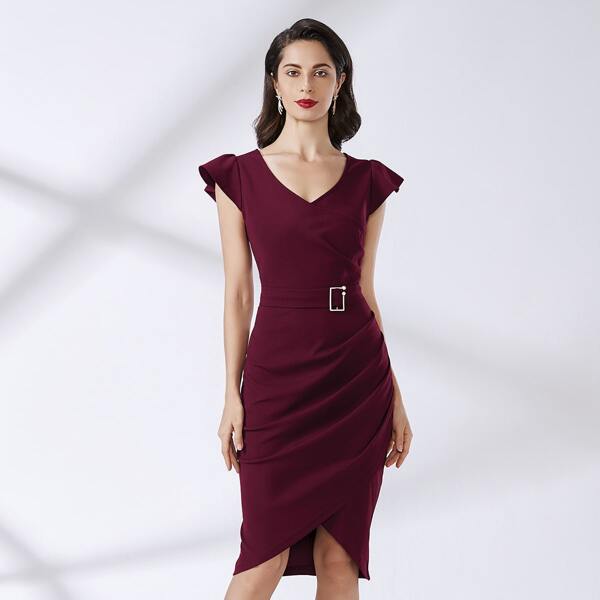 

Wrap Hem Buckle Belted Dress, Maroon