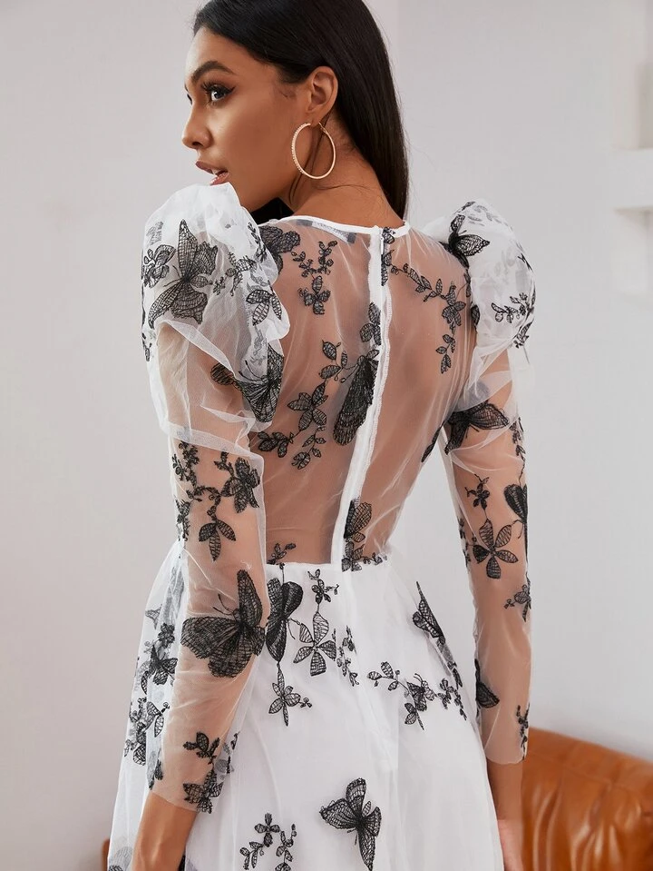 Our Double Crazy Gigot Sleeve Embroidered Mesh Dress is such a vibe - ROMWE