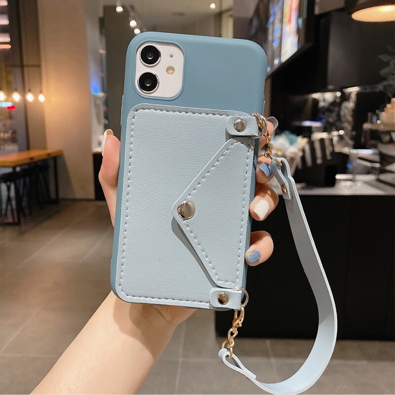 

1pc Chain Strap Phone Case With Card Holder, Blue