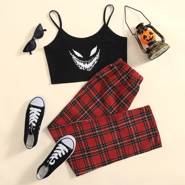

Halloween Graphic Crop Cami & Tartan Pants, Multicolor