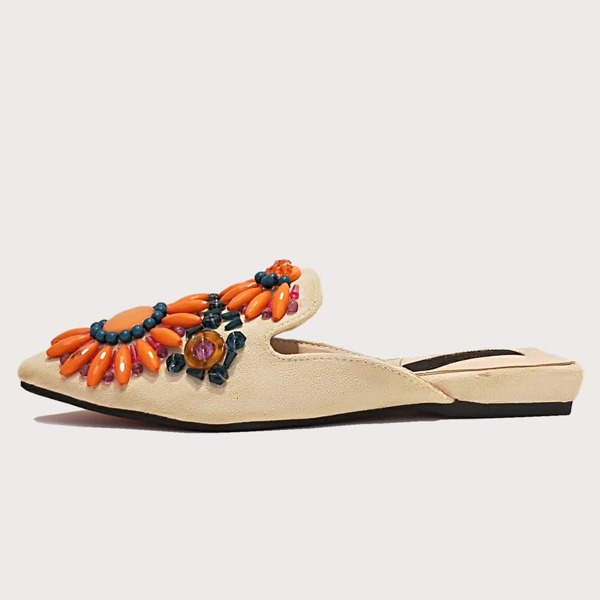 

Beaded Decor Loafer Mules, Apricot