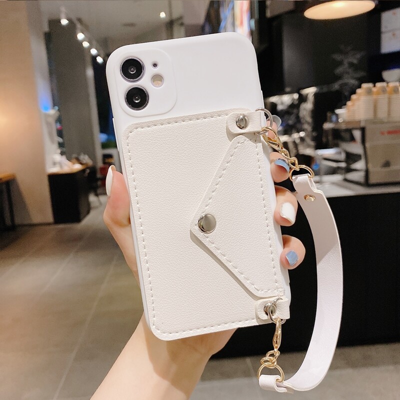 

1pc Chain Strap Phone Case With Card Holder, White