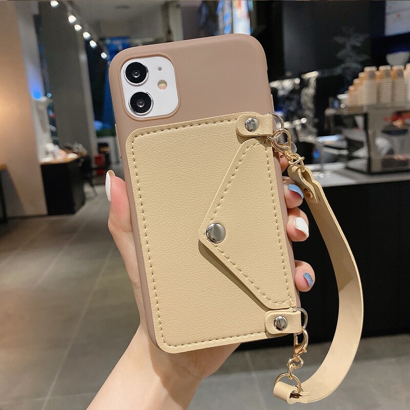 

1pc Chain Strap Phone Case With Card Holder, Apricot