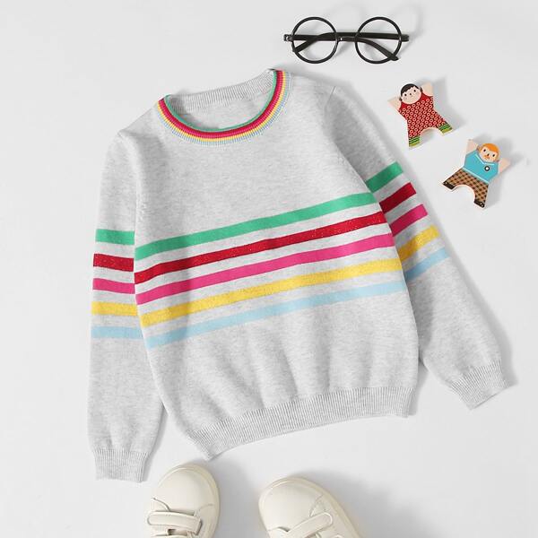 

Toddler Girls Rainbow Striped Crew Neck Sweater, Light grey