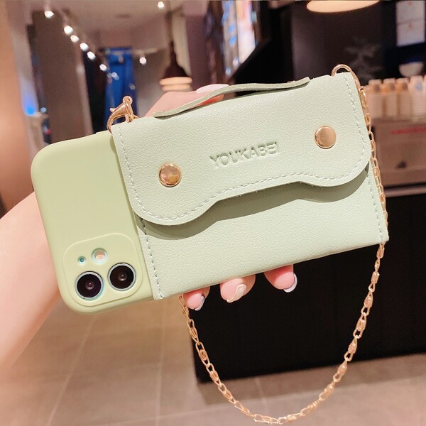 

1pc Chain Strap Phone Case With Card Holder, Mint green