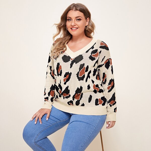 

Plus V-neck Leopard Drop Shoulder Sweater, Multicolor