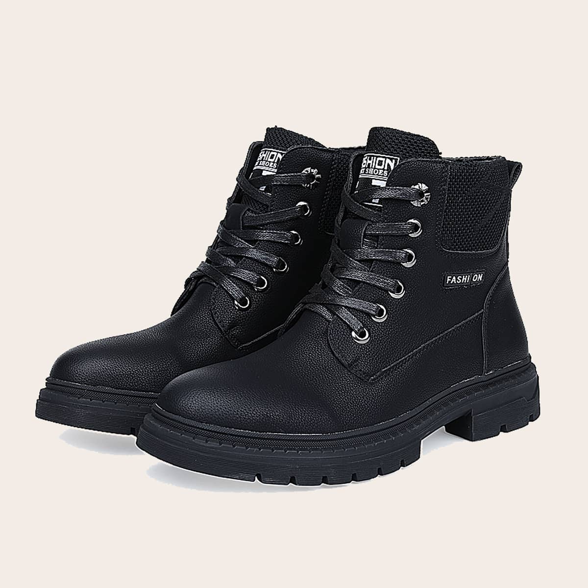 

Guys Lace-up Front Letter Patch Boots, Black