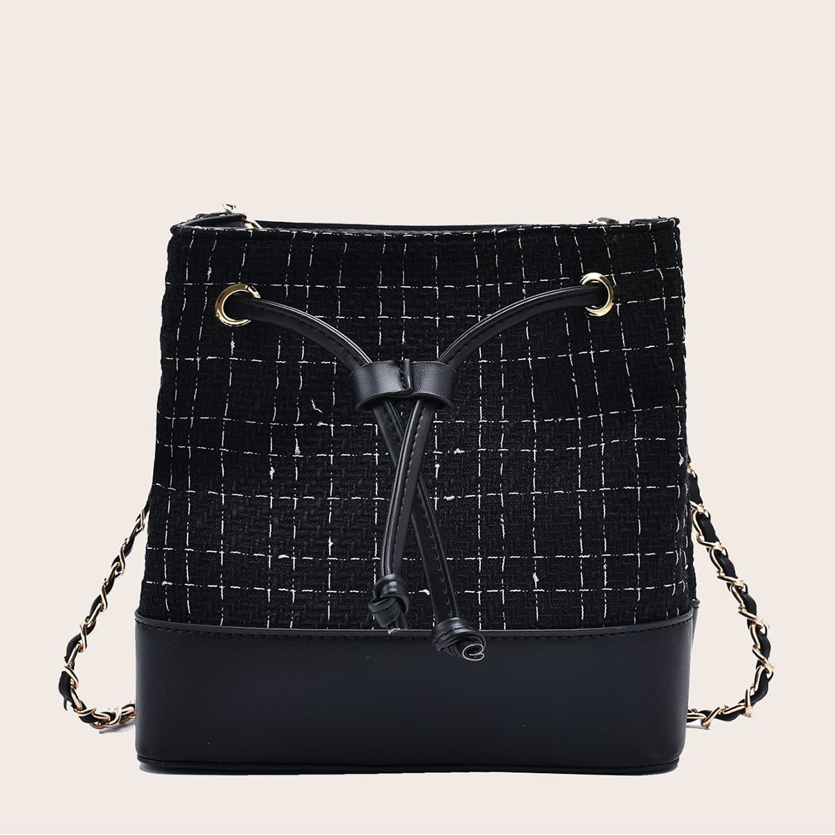 

Tweed Drawstring Bucket Bag, Black