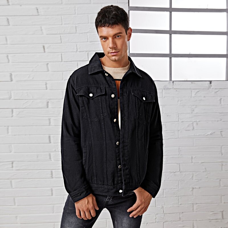 

Guys Flap Detail Button Front Denim Jacket, Black