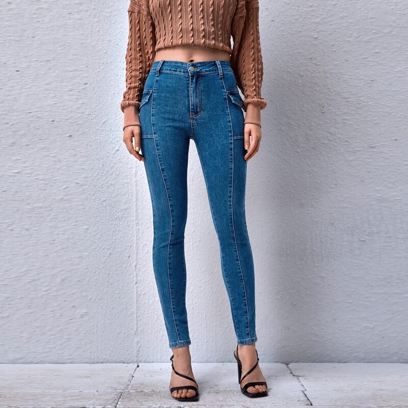 

Flap Detail Seam Front Jeans, Medium wash
