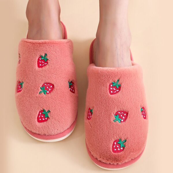 

Strawberry Embroidered Fluffy Slippers, Red