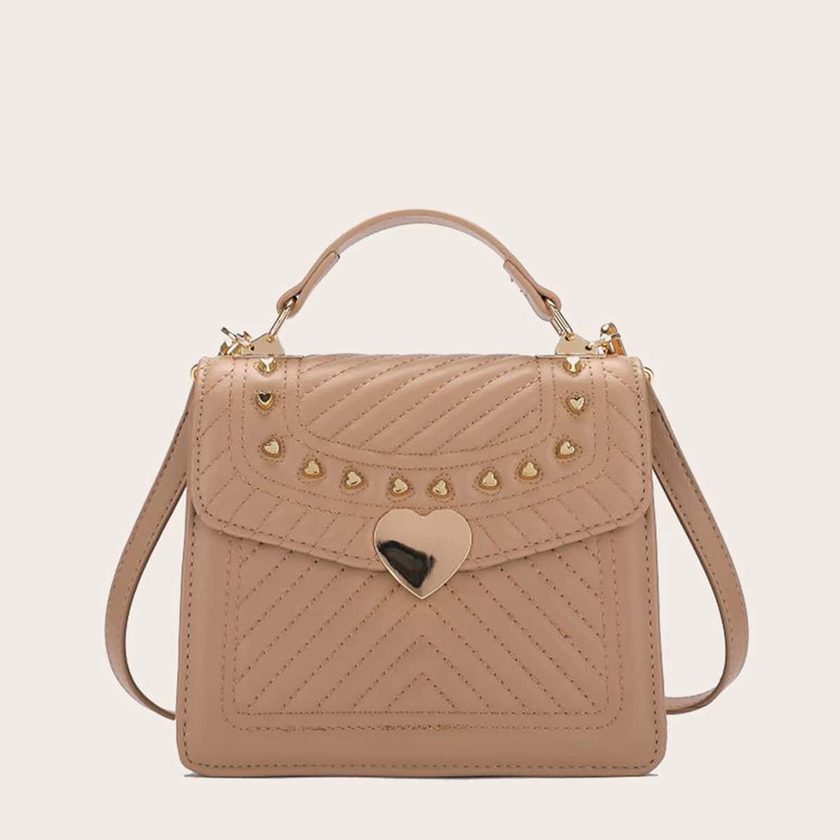 

Metal Heart Studded Satchel Bag, Khaki