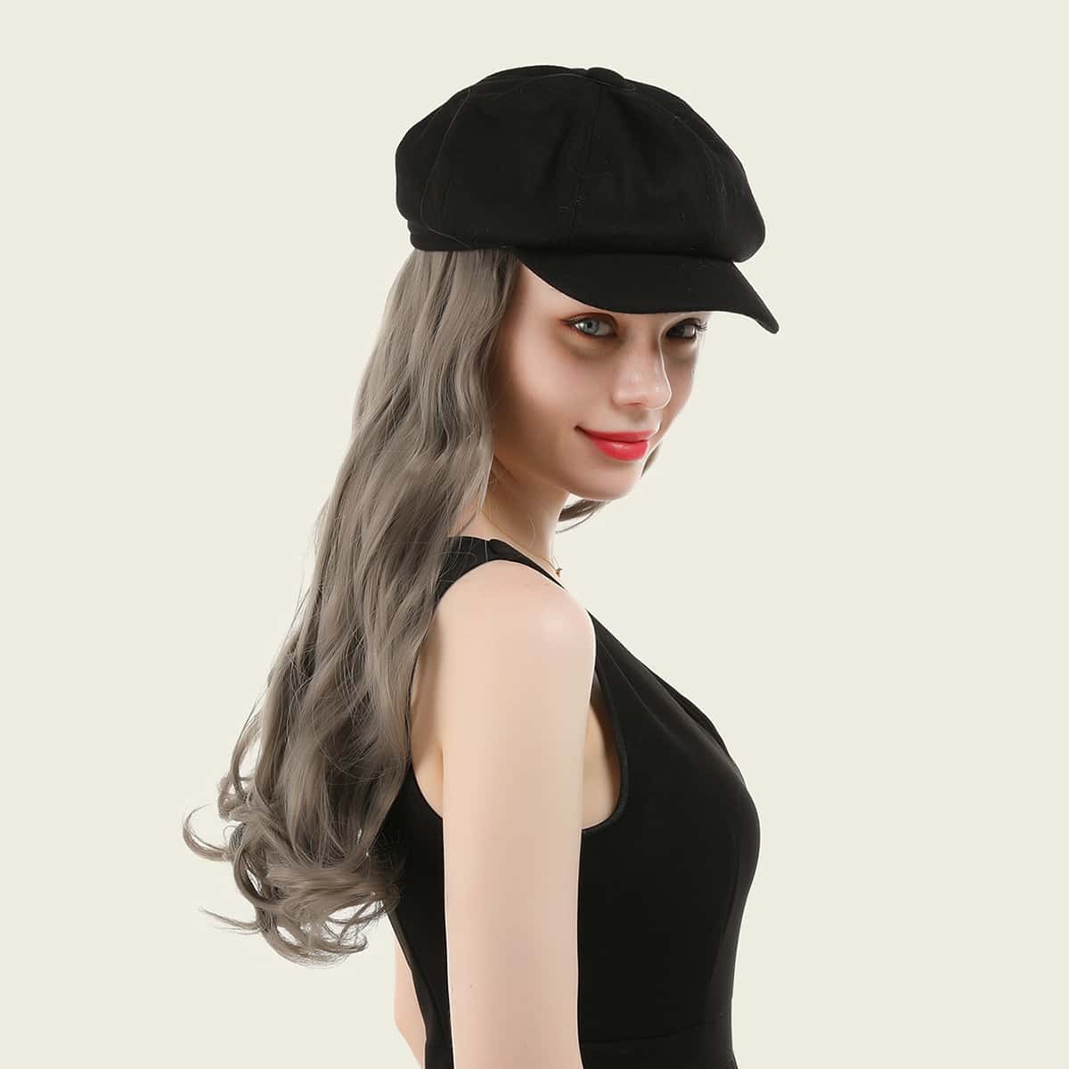 

1pc Long Curly Wig With 1pc Baker Boy Hat, Mocha brown