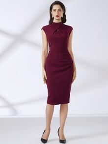 MIUSOL Mock Neck Cut Out Split Hem Dress - Maroon - View 6