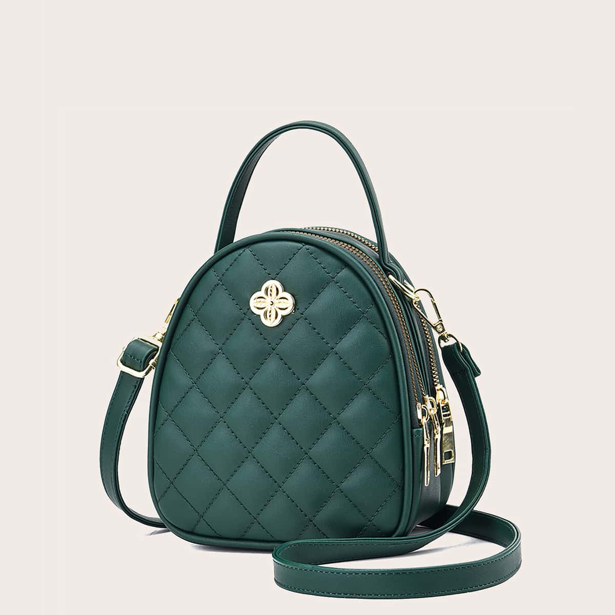 

Metal Decor Quilted Satchel Bag, Green