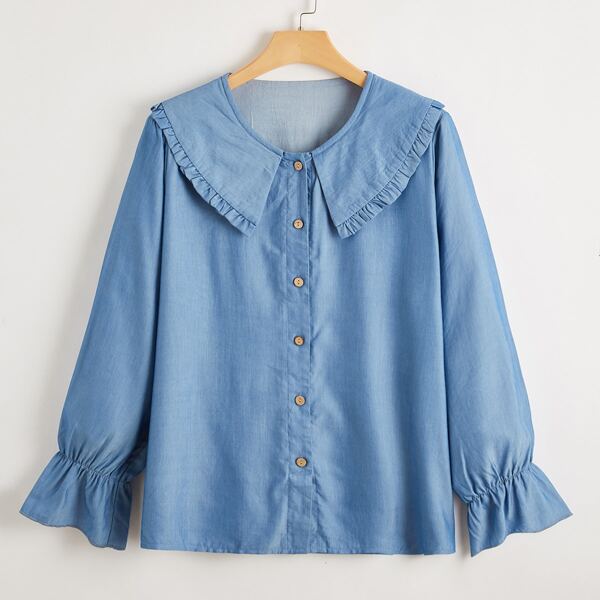 

Plus Frill Peter Pan Collar Flounce Sleeve Denim Blouse, Blue