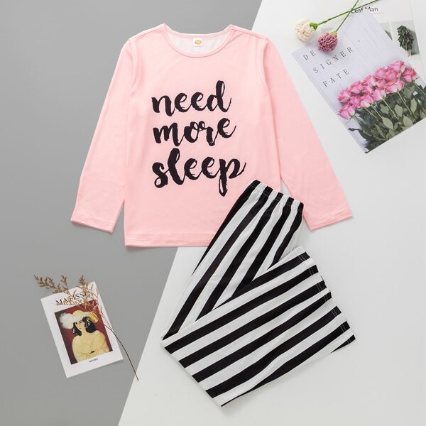 

Girls Slogan Graphic Tee With Striped Pants, Multicolor