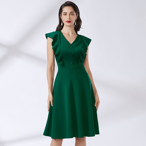 

Button Front Ruffle Trim Dress, Green