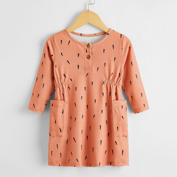 

Baby Girl Allover Print Dual Pockets Tee Dress, Coral orange