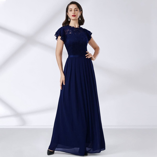 

Keyhole Back Lace Bodice Chiffon Dress, Navy blue