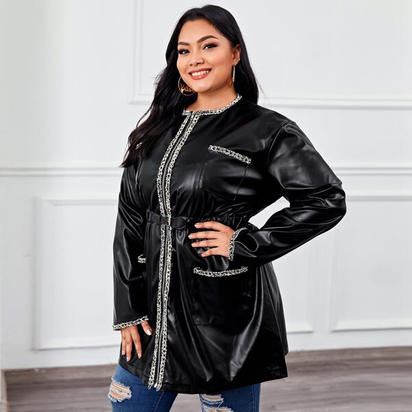 

Plus Zipper Up Front Pocket Buckle PU Leather Coat, Black