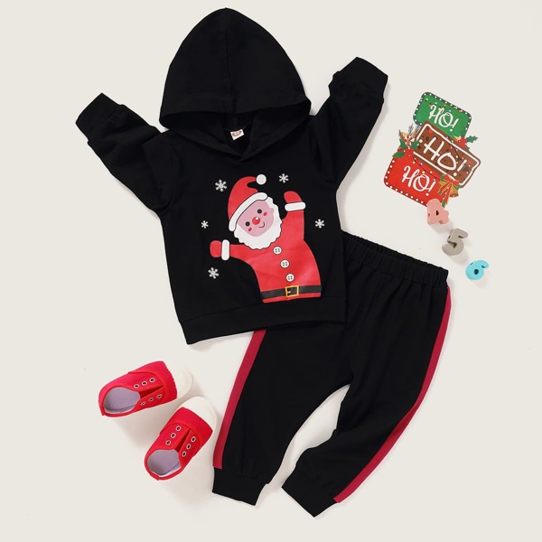

Baby Boy Christmas Print Hoodie & Side Seam Sweatpants, Black
