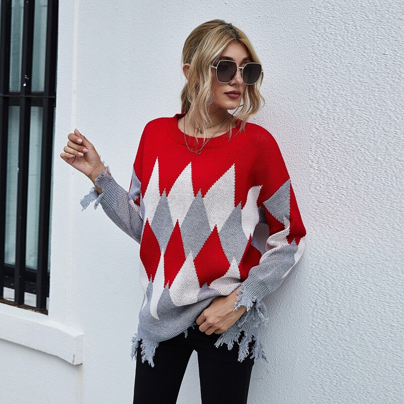 

Argyle Pattern Ripped Trim Sweater, Multicolor