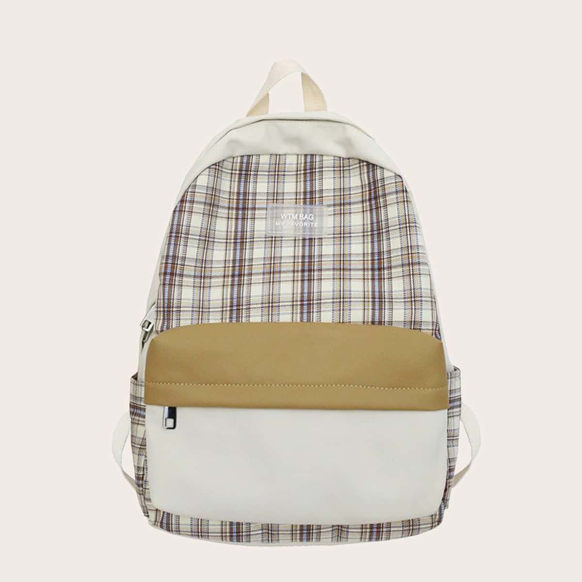 

Color Block Pocket Front Plaid Backpack, Multicolor