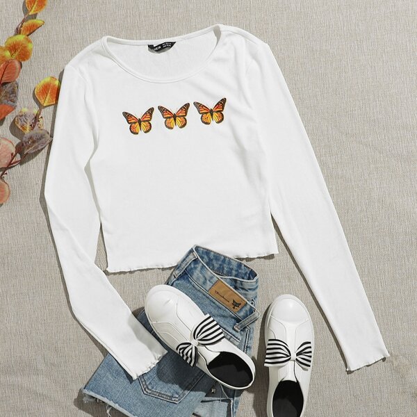 

Butterfly Print Rib-knit Tee, White