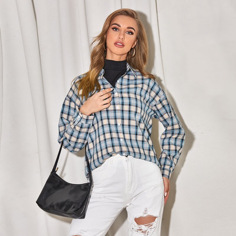 

Collared Buttoned Front Plaid Blouse, Multicolor