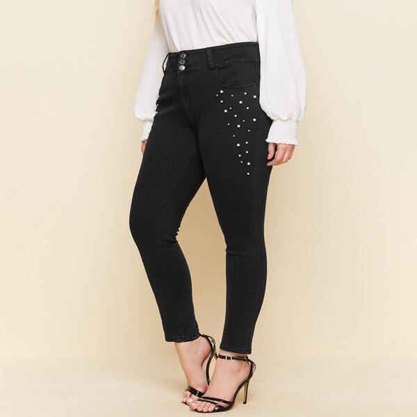 

Plus Pearls Beaded Skinny Jeans, Black