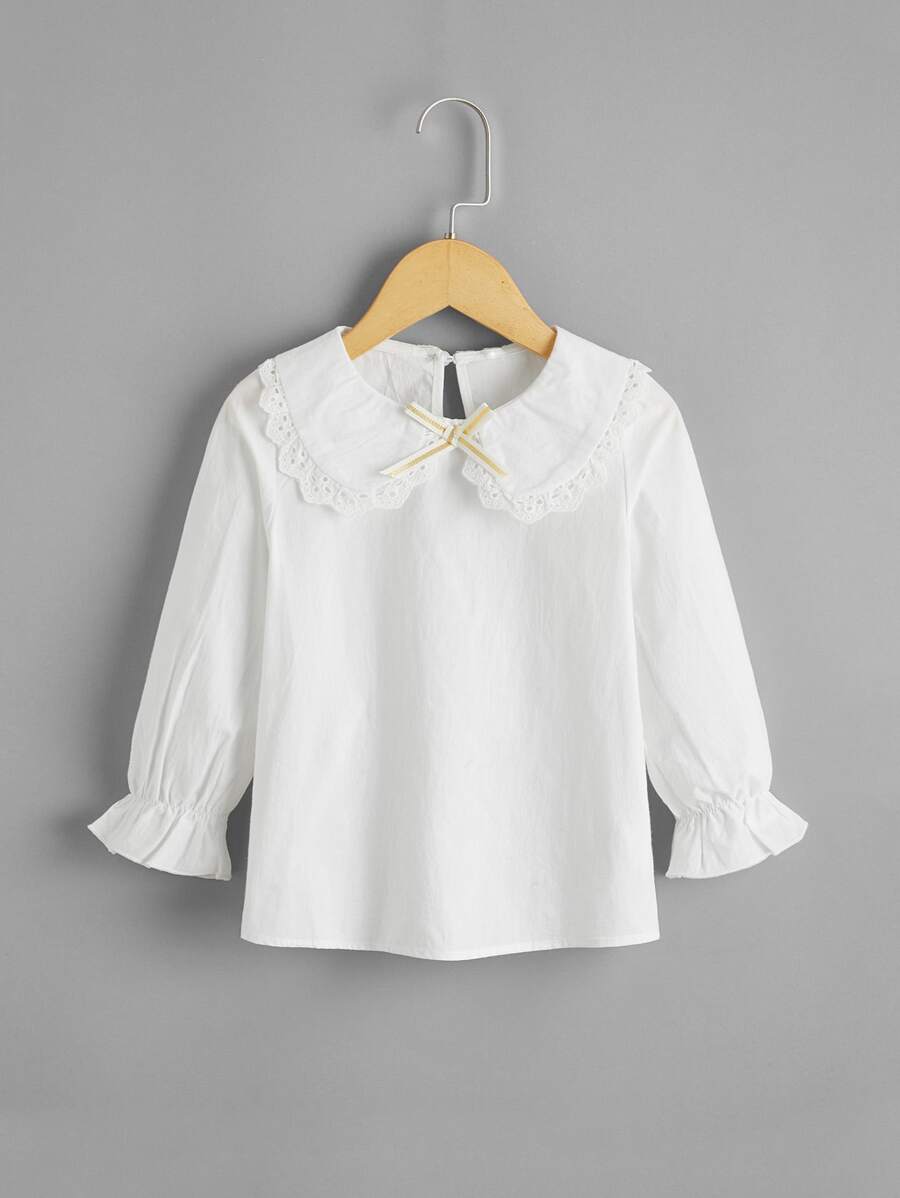 小女童拼接棉布燒花蝴蝶結襯衫 - 白色 - 查看 1