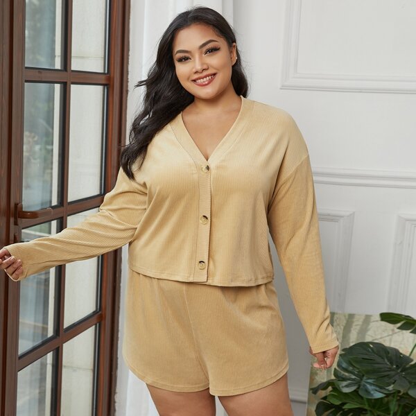 

Plus Button Front Rib-knit Top & Shorts Pajama Set, Khaki