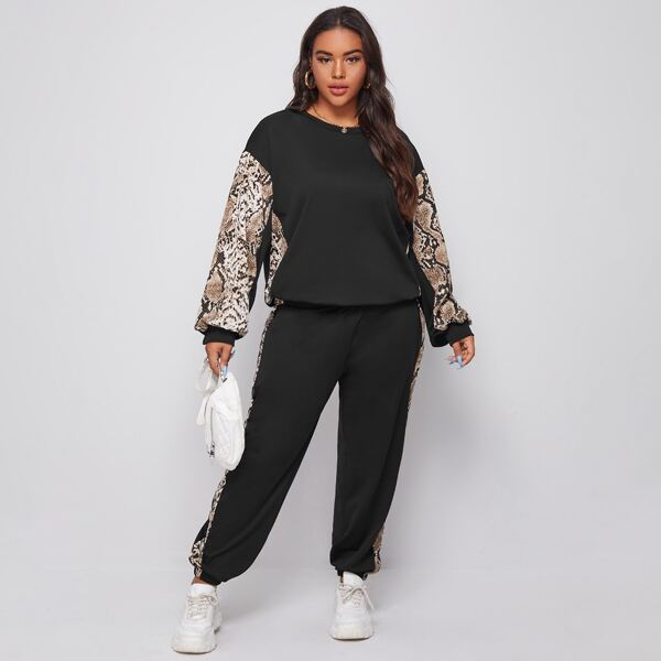 

Plus Snakeskin Panel Drop Shoulder Sweatshirt With Joggers, Black