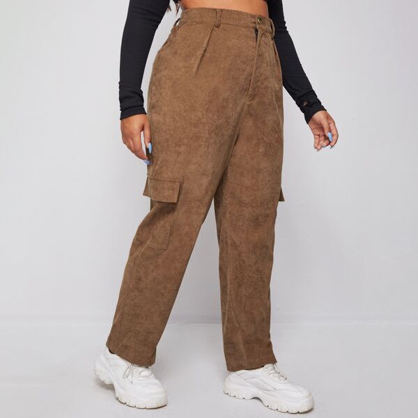 

Plus Corduroy Flap Pockets Cargo Pants, Mocha brown