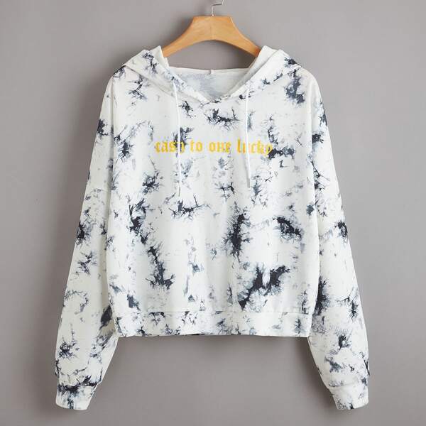 

Plus Tie Dye And Slogan Print Drawstring Hoodie, Black and white
