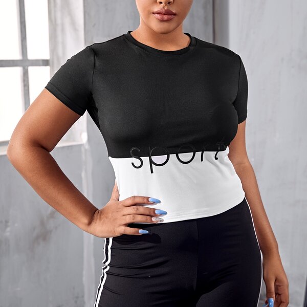 

Plus Two Tone Letter Graphic Sports Tee, Black and white