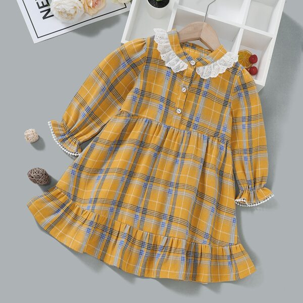 

Toddler Girls Tartan Plaid Schiffy Trim Smock Dress, Mustard yellow